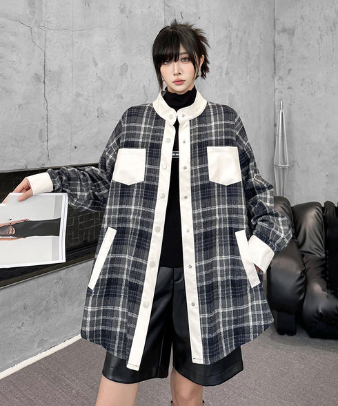 Contrast Panel Check Shirt Jacket